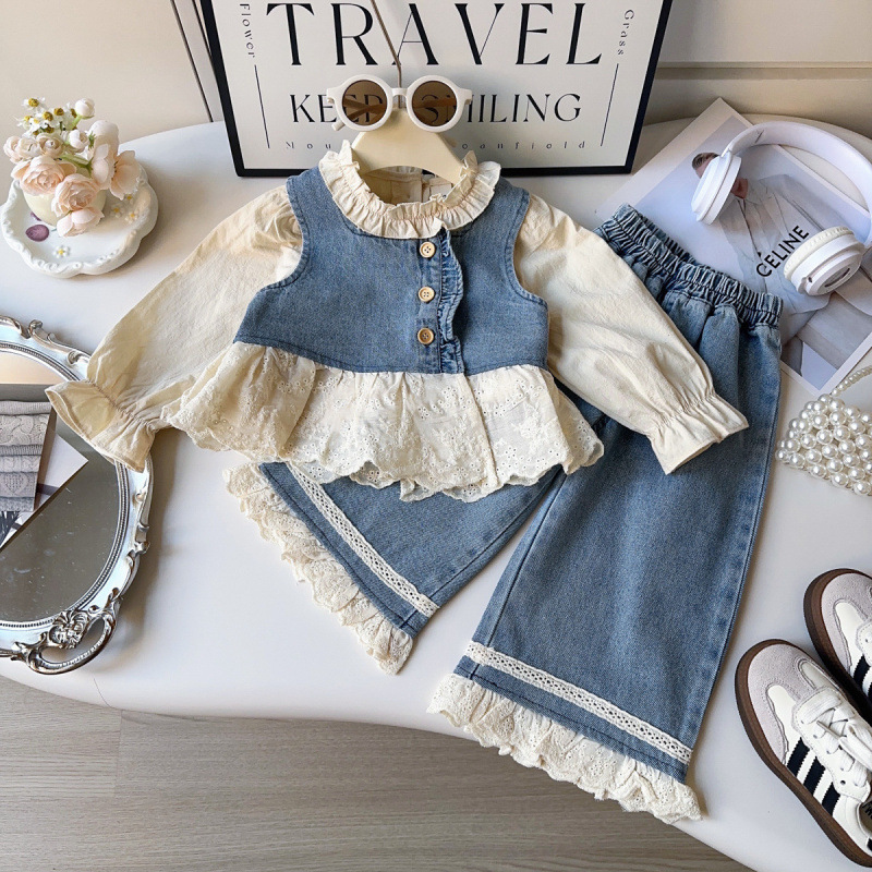 Girls' Shirt 2025 Spring and Autumn New Fashionable Sleeveless Denim Vest Trousers suit New Fashion Western Style