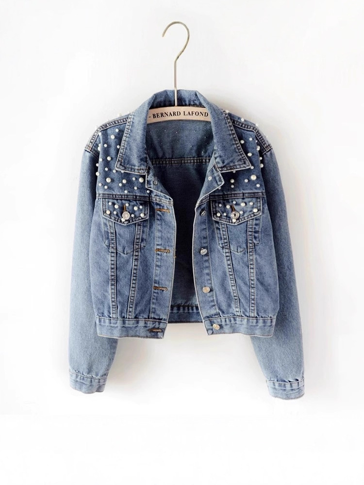 2025 Amazon Women's Cropped Denim Jacket Women's Foreign Trade Nail Beaded Pearl Loose Spring and Autumn New Denim Jacket