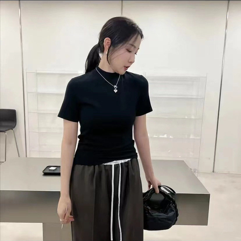 Boss's same style small stand collar short-sleeved T-shirt new fashion all-match top half turtleneck slim bottoming shirt for women Summer