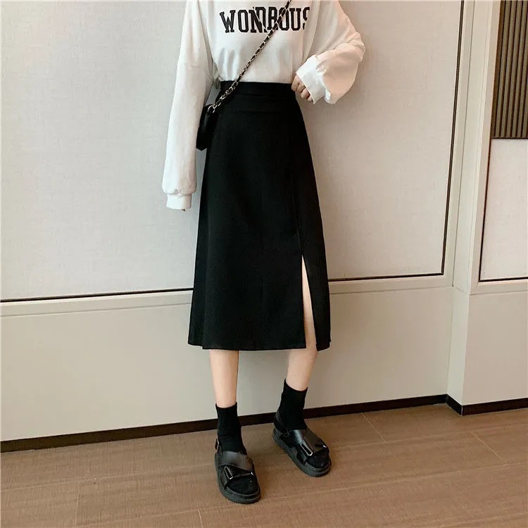 Women's skirt 202 summer new high waist plus size fat slimming side slit Autumn Mid-length A- line skirt hip skirt