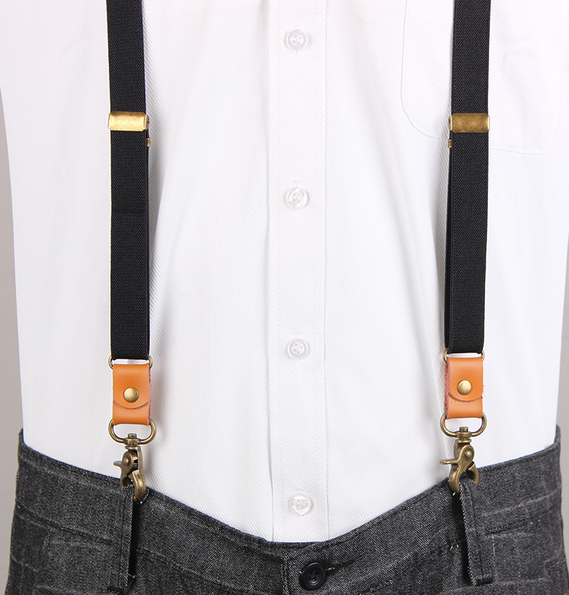 Picture of Suit Pants Shoulder Strap Black y Strap Clip Triple Clip Hook Buckle Suspender Strap Leather Rivet Vintage Suspender Strap