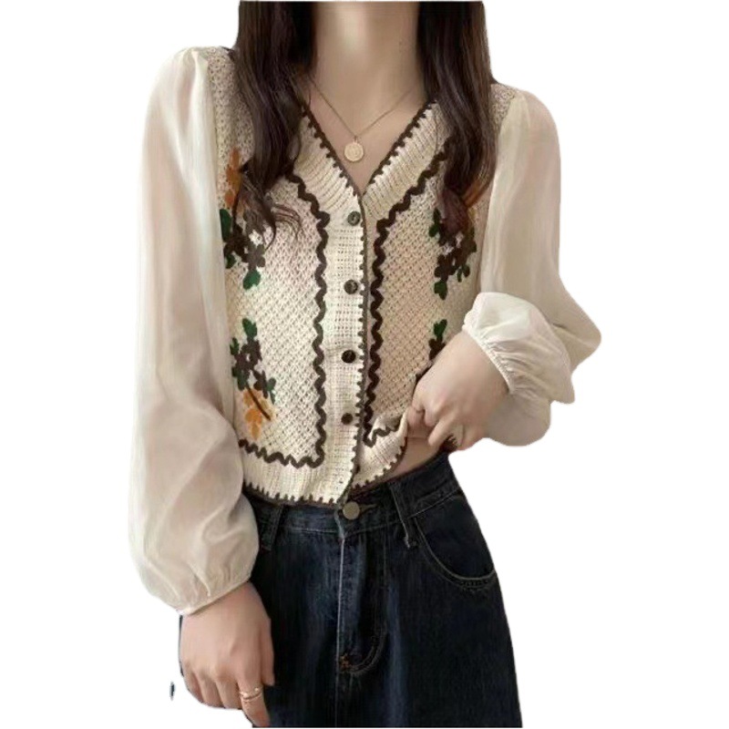Spring New Niche Design Sense V-neck Top ins Style Vintage Embroidered Stitching Knitted Chiffon Shirt for Women