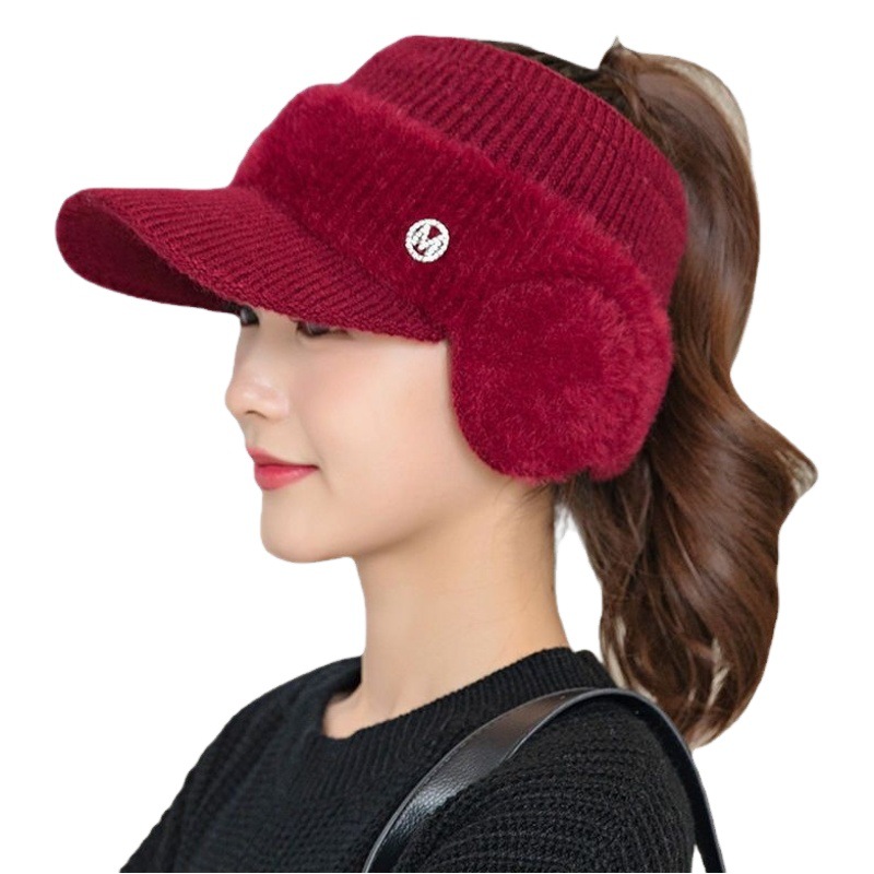 Autumn and Winter Cross-border Women's Ear Protection Winter Hat Fashion Duck Tongue Empty Top Polyester Wool Hat Riding Cold-proof Knitted Hat