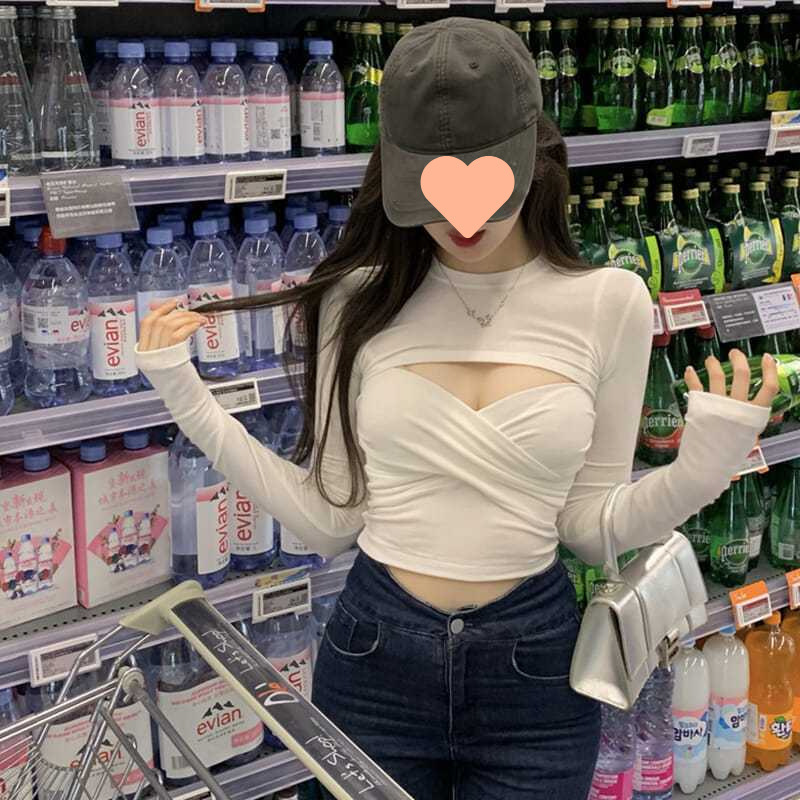 Two-piece Top Women's Sexy Pure Desire Sling Sling Design Sense Care Machine Spice Girl Long Sleeve Shirt Base Shirt Spring and Autumn