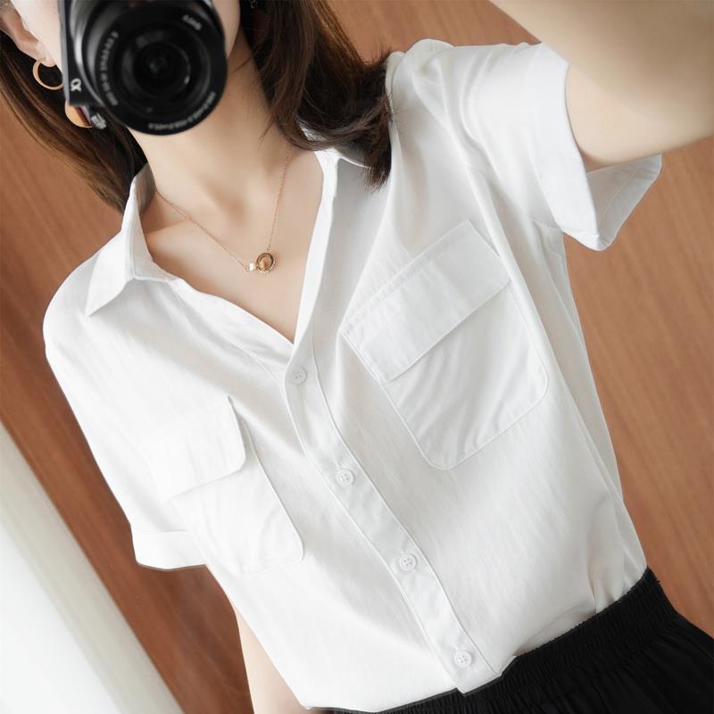 2024 Summer New Korean Style Short-sleeved Shirt Women's Korean Style Loose Double Pocket Thin All-match Mid-sleeved V-neck Shirt