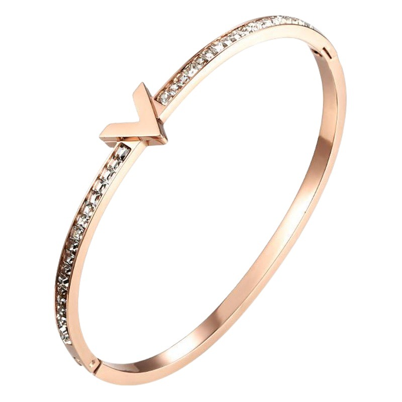 Ruona's new zircon English letter v bracelet on both sides female 18K rose gold titanium steel hand jewelry manufacturers wholesale