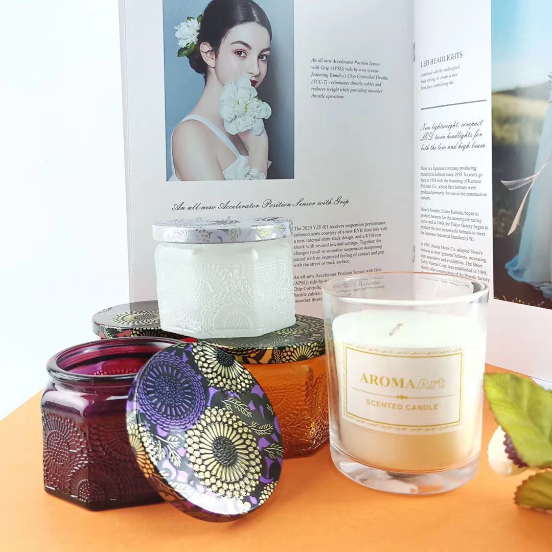 Picture of Hexagon Mini Embossed Pattern Candle Jar Colorful Aromatherapy Candlestick Bottle Amber Embossed Glass Candle Bottle