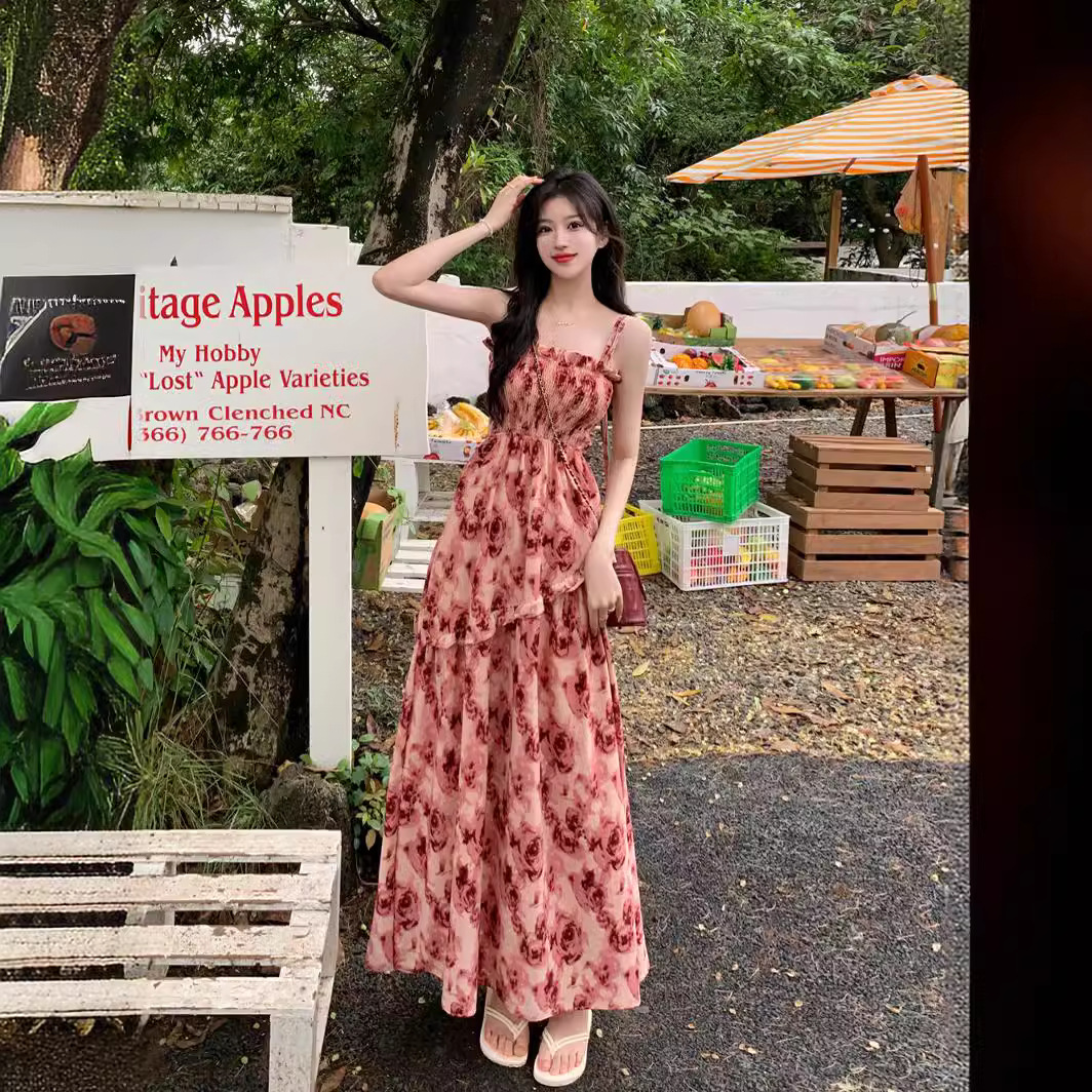 French style long dress 2024 Summer new Japanese style elegant waist-tight dress retro rose floral suspender dress