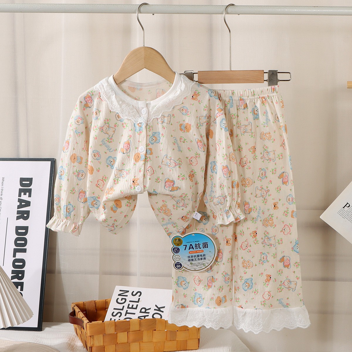 Picture of Children's Stretch Cotton Yarn suit Lace Baby Spring Cardigan Home Clothes Korean Style Cute Air-conditioning Clothes Pajamas
