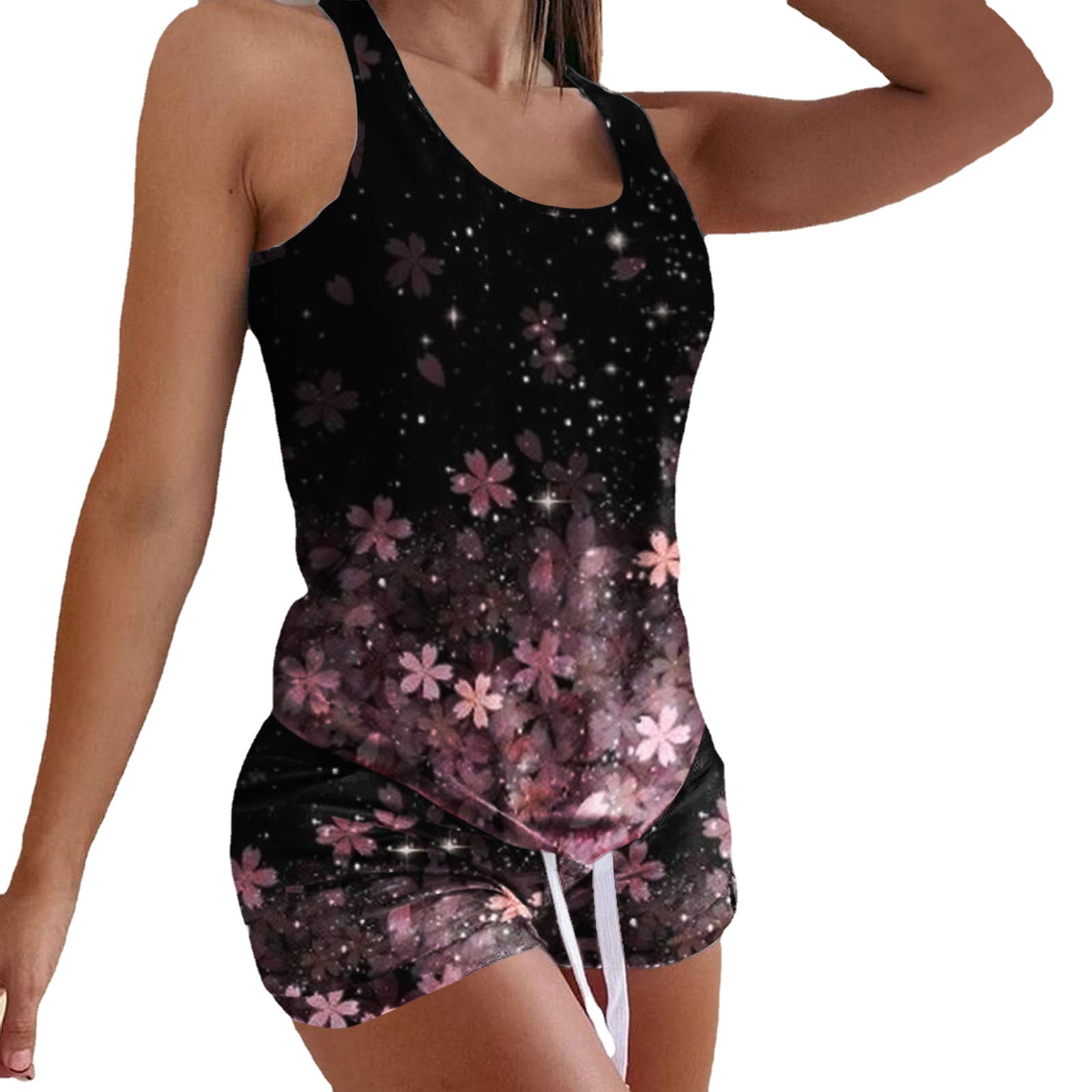 Picture of 2022 new retro I-shaped printed vest and drawstring waist shorts suit temperament commuter sleeveless women's clothing