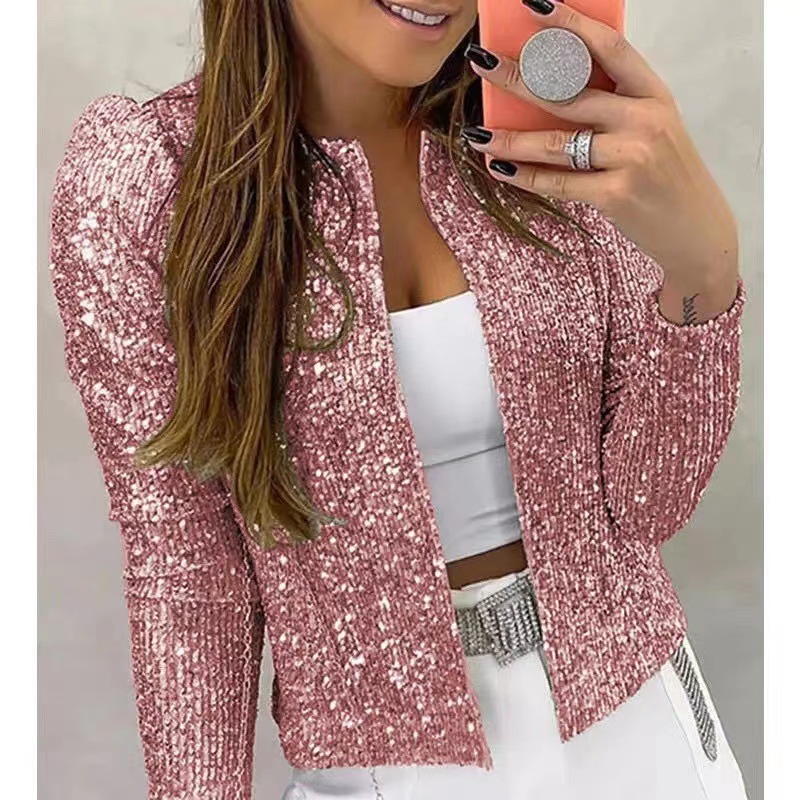 Picture of 2025 Cross-Border Women's Spring European and American Fashion Round Neck Pure Color Sequined Short Outwear Casual Versatile Small Outwear