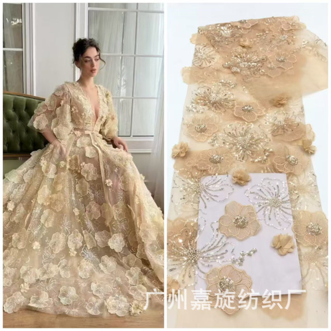 Popular Double-Layer Lotus Handmade Appliqué Embroider Mesh Fabric Bead Tube Stereo Embroider Wedding Dress Children's Dress Fabric