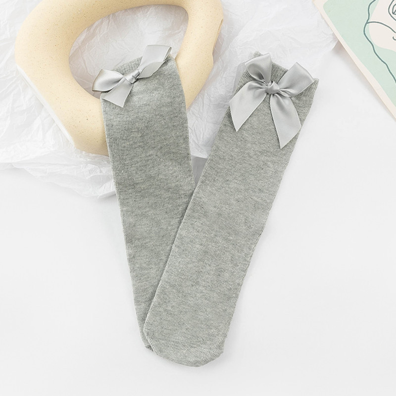 Picture of Children's Mid-Calf Socks, Solid Color Bowknot, Suitable for Both Small and Large Children, Slouch Socks That Can Be Worn Front or Back, Straight Tube, No Heel Socks for Girls