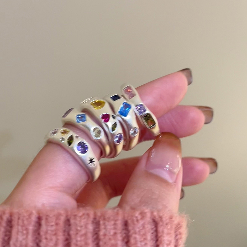 Irregular Metal Color Zircon Love Ring Female Niche Design ins Finger Ring Opening Adjustable Ring