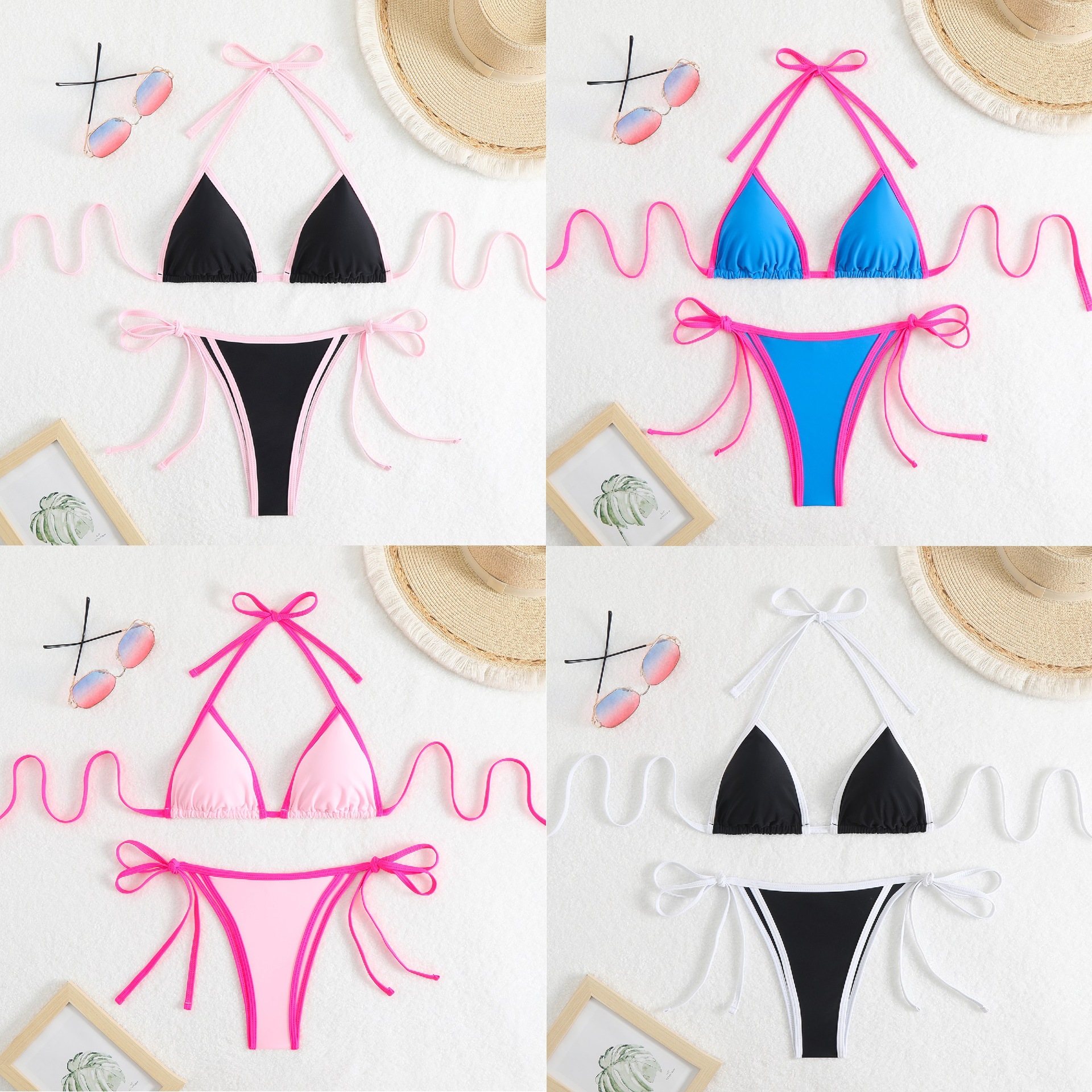 2025 New Solid Color Women's Split Sexy Triangle Color Bikini European and American Lace-up Beach Spa Swimsuit