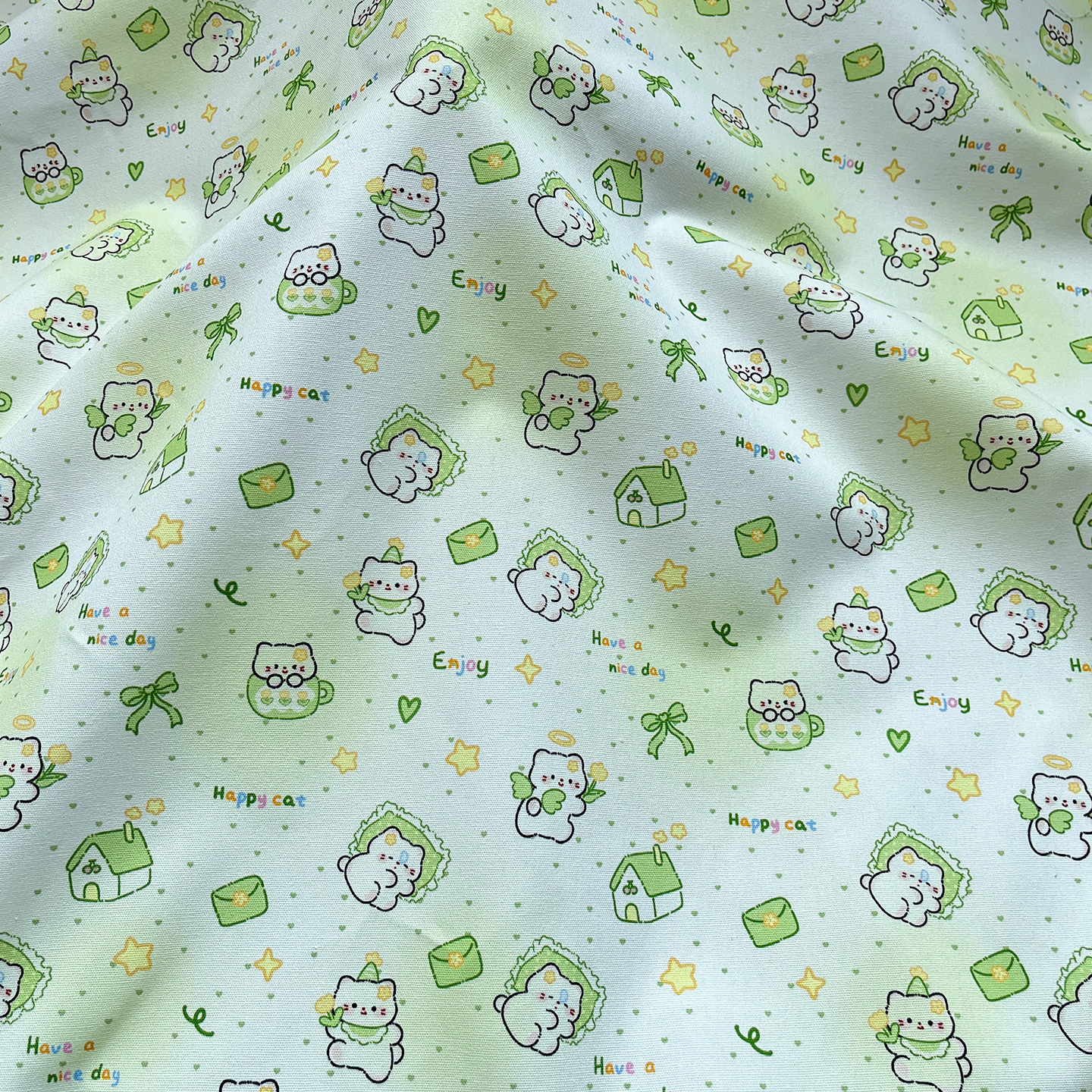 Green Tea Cup Cat All-Cotton Canvas Bag Jacket Vest Handmade DIY Fabric 1.5m Width 1.0m Price