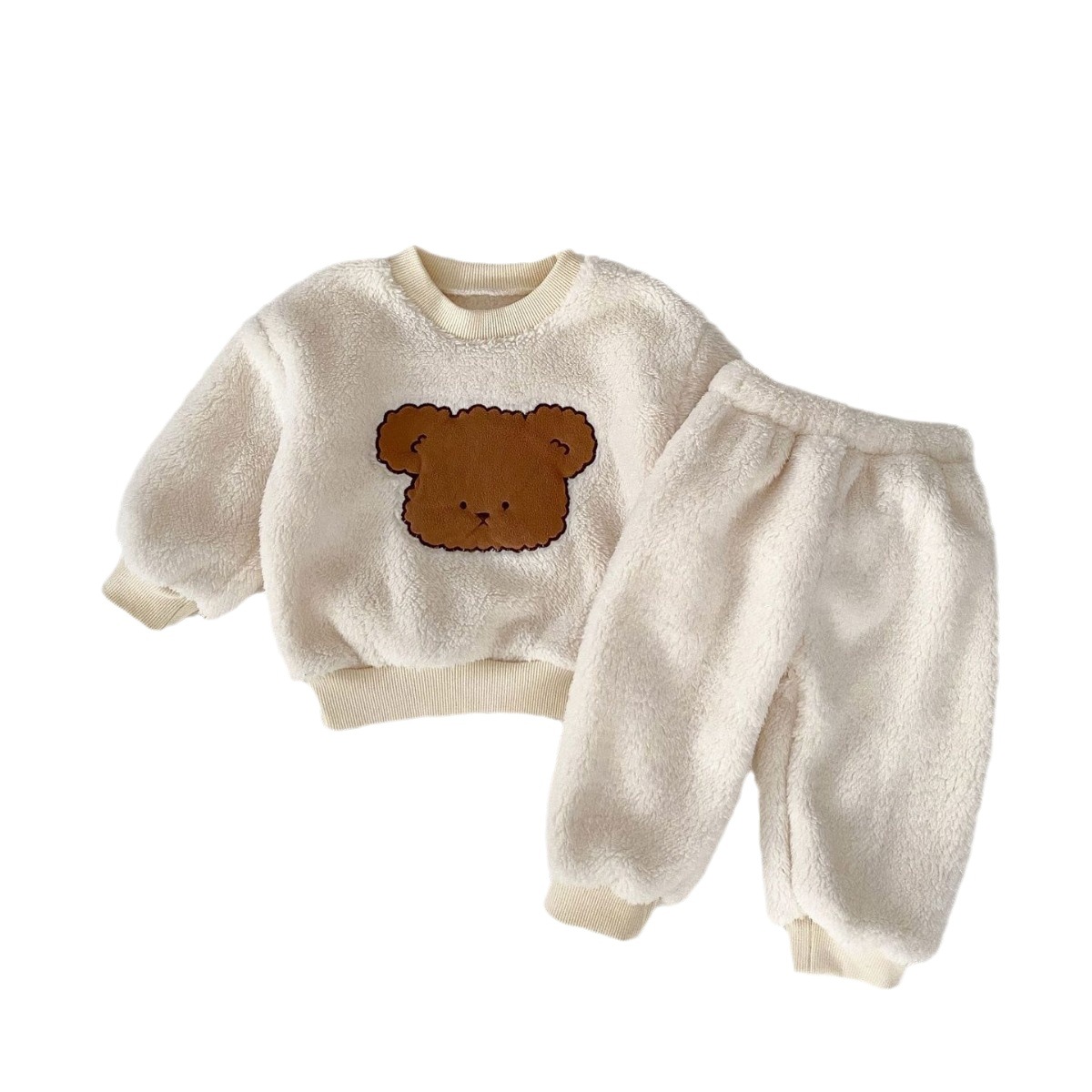 Winter New Baby two-piece thickened warm Arctic Velvet cute bear pullover long sleeve top trousers suit
