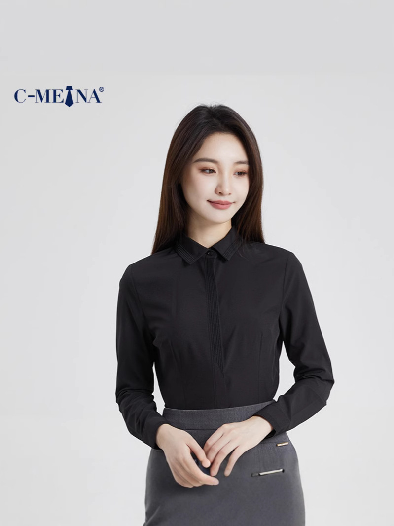 Picture of Elegant Commuter New Women's Long Sleeve Square Neck Single-Breasted Slim Fit Chiffon White Shirt