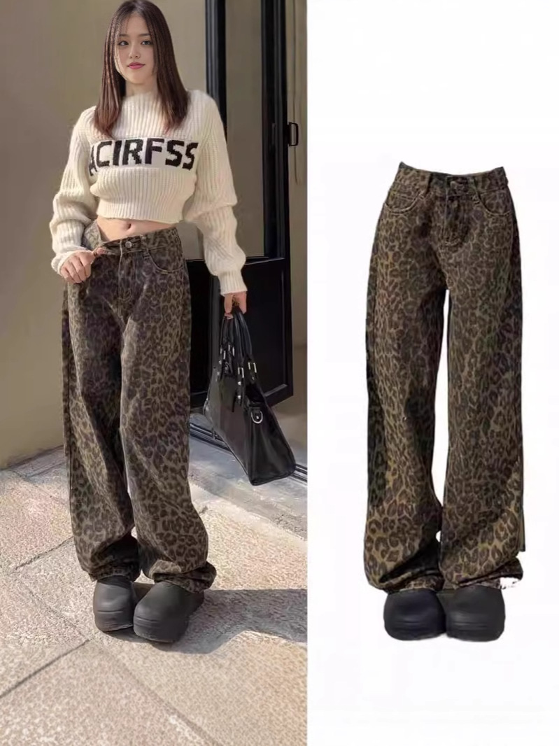 Retro Leopard Print Design Sense High Waist Wide Leg Jeans Women's Spring and Autumn New Loose Long Straight Trendy Trendy Pants