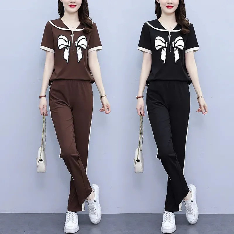 Embroidered Casual Sports Suit Women's Summer New Loose Fashionable Doll Collar Top Short Sleeve Women's All-match Two-piece Set