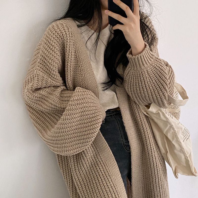 Autumn and Winter New Style Japanese Style Retro Loose Casual Outer Wear Long Sweater Jacket Lazy Style Lantern Sleeve Knitted Cardigan