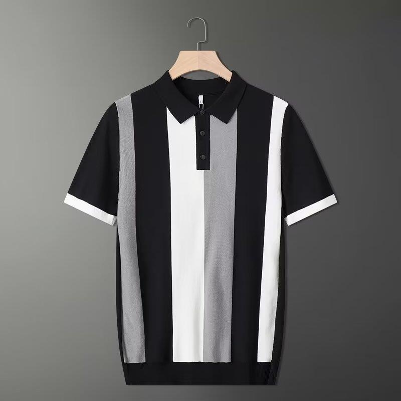 Men's Business thin shirt short sleeve vertical summer polo casual lapel youth T-shirt knitted slim striped Ice Silk
