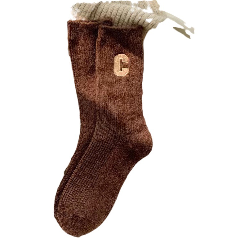 Wool Socks for Women, Embroidered C Letters, Autumn and Winter Thickeneded Warm Mid-Calf Socks, Ins Trendy Fashion Popular Pile Socks Wholesale