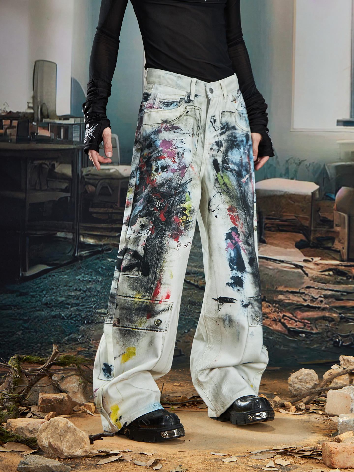 American vintage distressed oil painting graffiti jeans for men and women, 2025 new loose straight-leg wide-leg floor-length pants