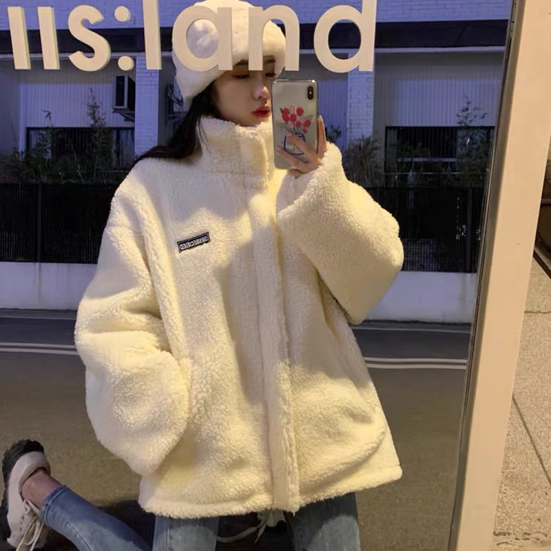Picture of Vertical Collar Lamb Wool Thickened Letter Cotton-padded Coat Cotton-padded Jacket Women's 2025 Autumn and Winter Loose Korean Style Small Sweatshirt