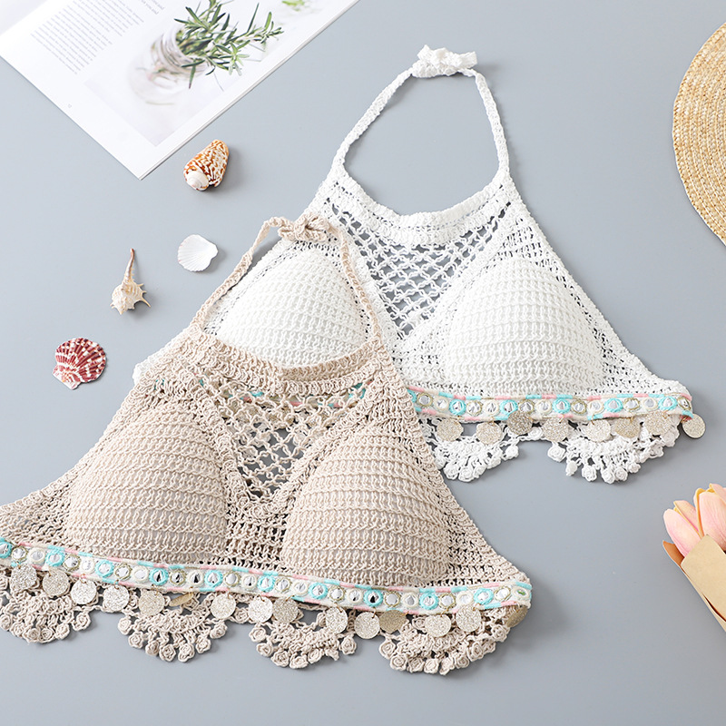 Halter vest camisole with chest pad backless hollow tube top embroidered vest women's summer short top with shoulder leakage