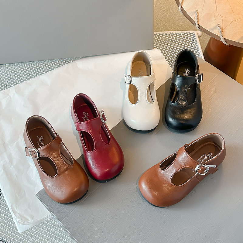 Girls' Leather Shoes 2025 Spring New Children's Princess Shoes Retro T-Shoes Soft Sole Anti-Slip Baby Easiest for Match Shoes