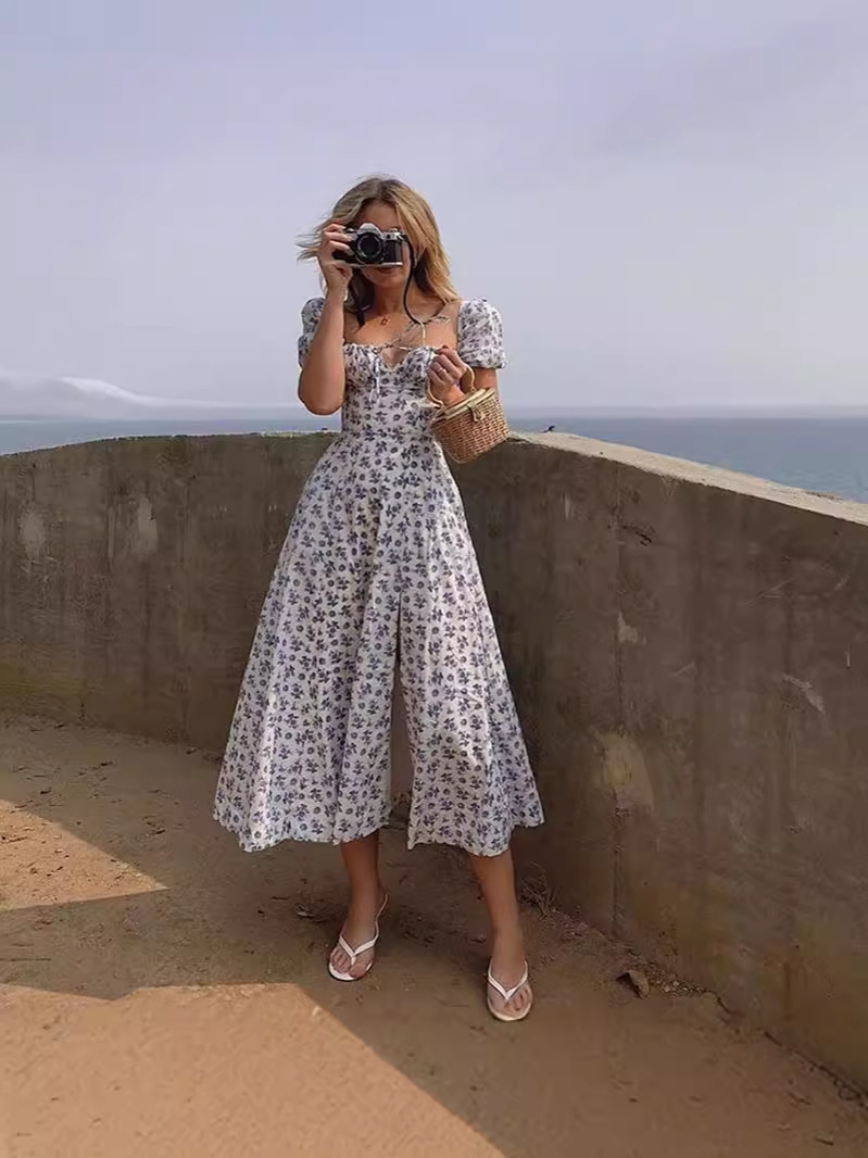 European and American Women's Long 2024 Women's New Arrival Skirt Summer Short-sleeved French Style Fresh Floral Skirt Square Collar dress