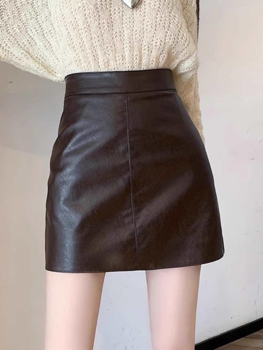 Black Leather Skirt Women's 2023 Autumn and Winter High Waist Slimming Anti-glare A- line Hip Skirt Korean Fashion PU Leather Skirt