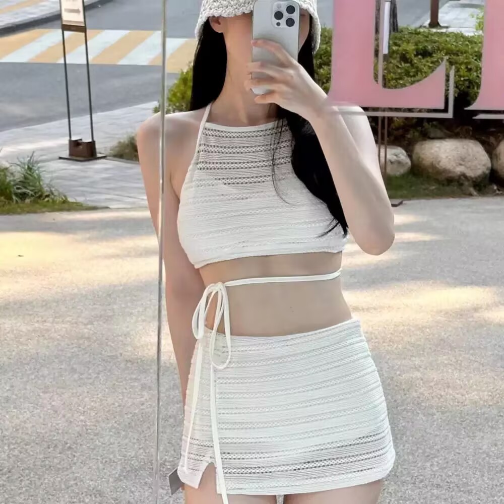 Split Swimsuit Women's Skirt-style High Waist Belly-covering Slimming Small Chest Gathering Hanging Neck South Korea 2025 Hot Spring Vacation Swimsuit