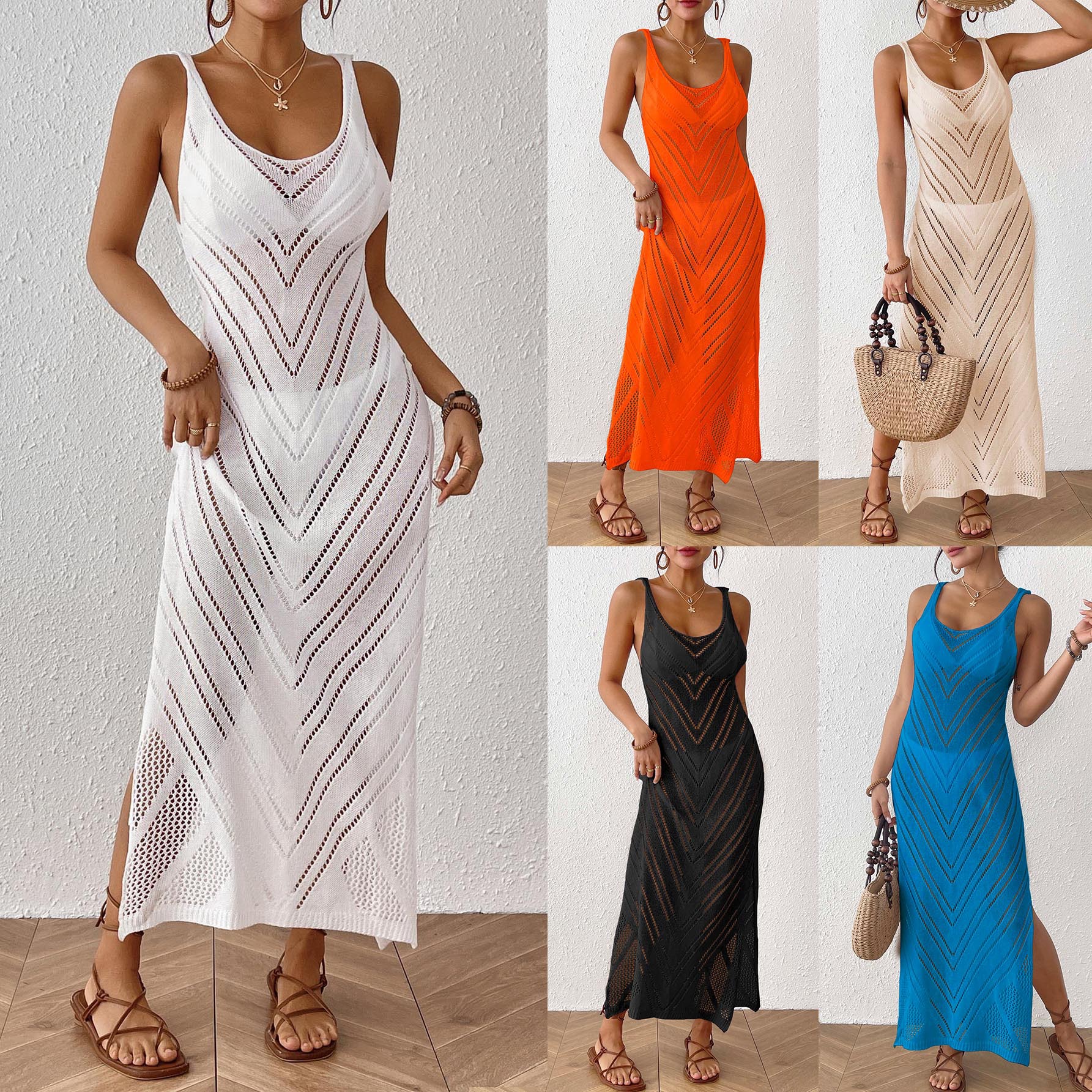 Women's Holiday Beach Skirt Cross-border European and American Women's Sexy Hollow Woven Vesset Skirt Bikini Blouse Cardigan Skirt