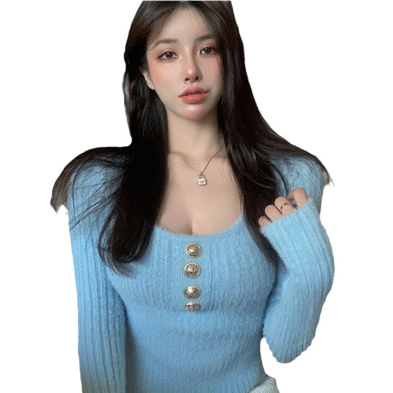 Picture of Soft Waxy Mink Fleece Metal Love Buckle Long Sleeve Knitted Base Shirt Women's Autumn and Winter Gentle Short Slim-Fit Western Style Top