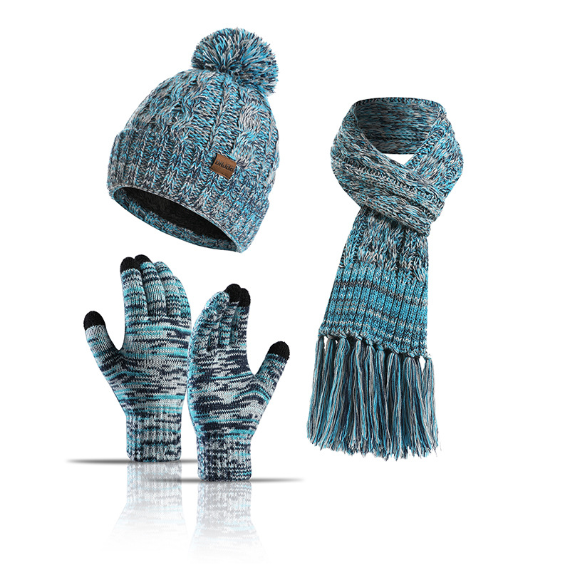 Picture of Winter Hat New Style Knitted Wool European and American Cross-Border Color Hat Thickened Scarf Touch Screen Gloves Three-Piece Set