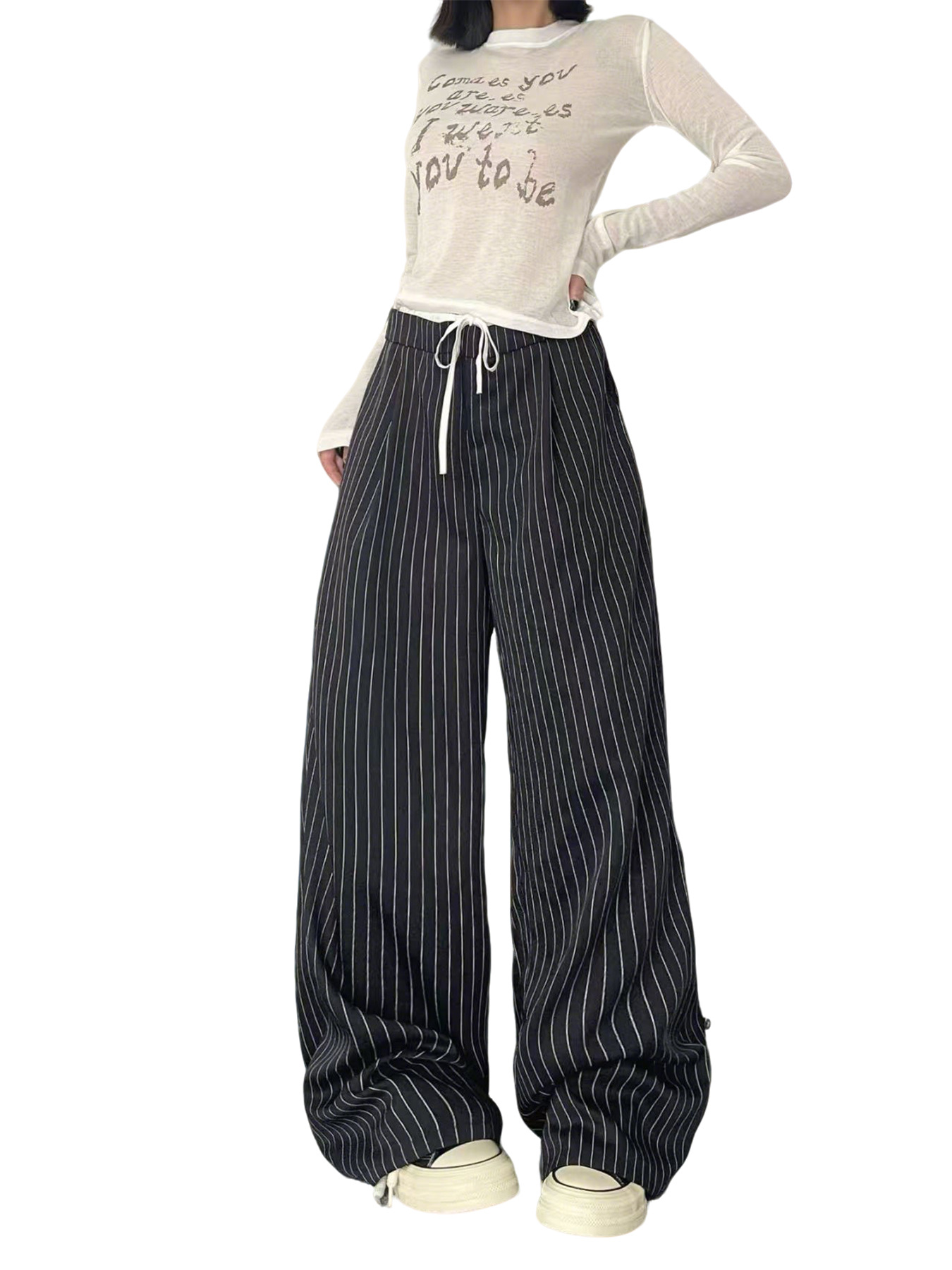 Picture of European and American Hot Selling Autumn New Striped High Waist Straight Dosing All-match Casual Pants Loose Wide Leg Pants