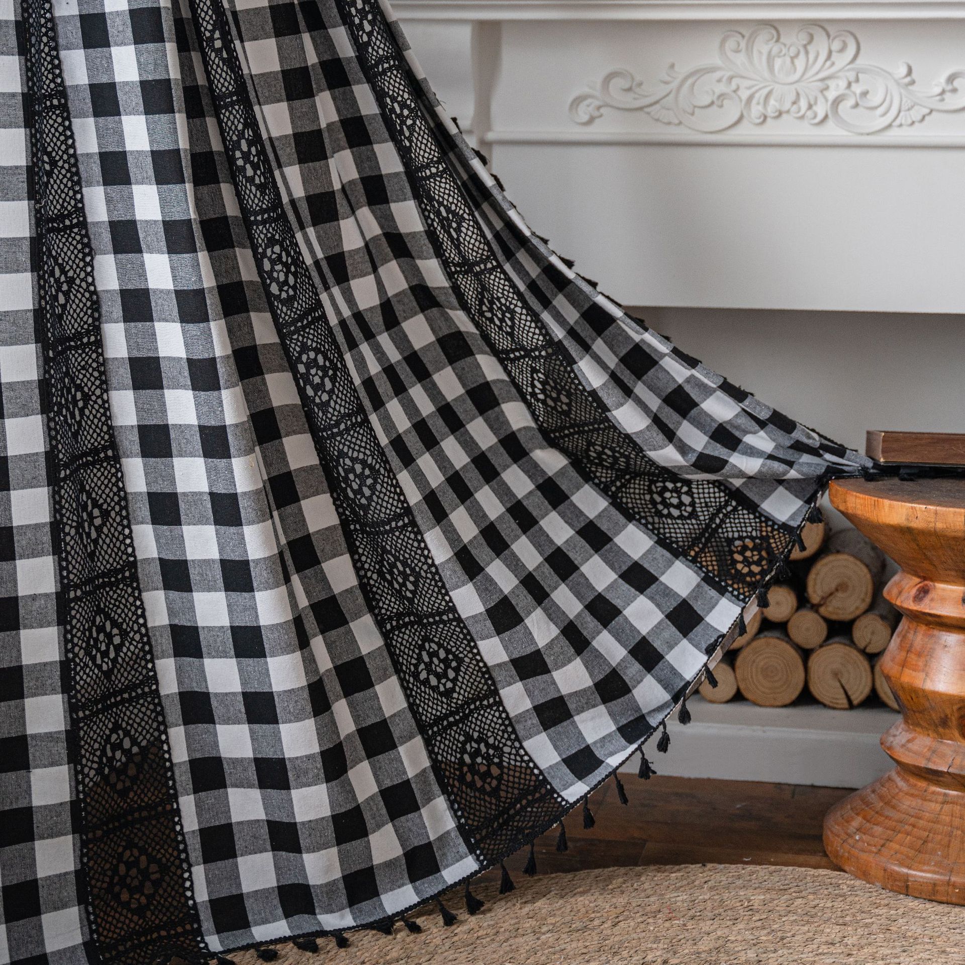 Picture of Yiman Qiyun Curtain Lanju Curtain Finished Printed Hollow Stitching American Style Kitchen Curtain Semi-Shading Curtain Tassel