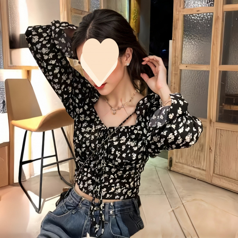 Picture of European and American Bubble Short French European and American Style Design Long-Sleeved Floral Autumn and Winter Square Collar Sexy Sexy New Thin Style in
