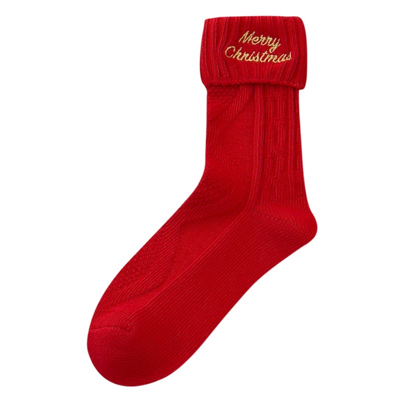 Christmas Stocking Children's Autumn and Winter Cute Mid-length Stocking Red New Year Cotton Stocking Japanese Style Cute Embroidered Cartoon Instagram Fashionable Stocking