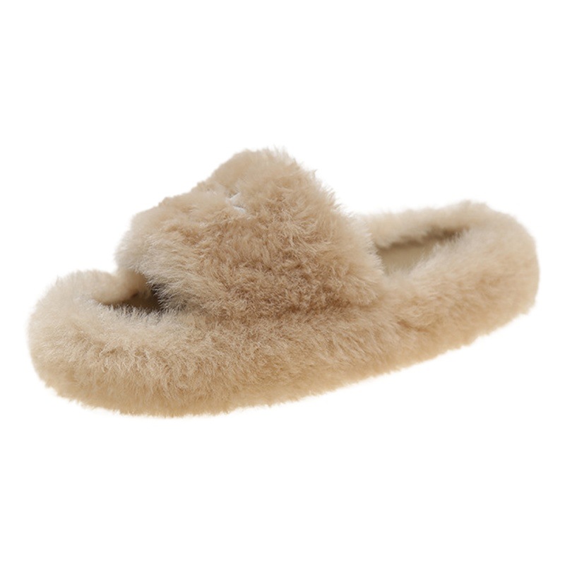 2023 autumn and winter New Korean fashion curly fluffy one word home wear flat heel fluffy slippers women's fashion