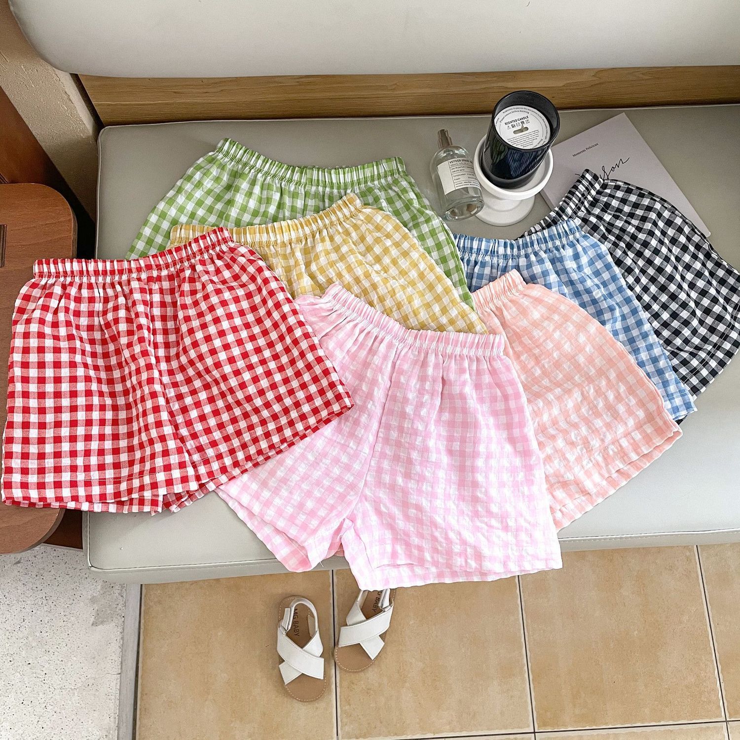 Baby Summer Shorts Thin Bubble Plaid Shorts Macaron Candy Color Style Sunscreen Mosquito-Proof Pajama Pants for Boys and Girls