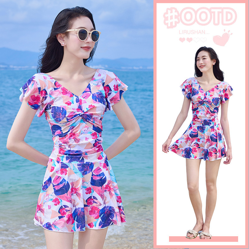 Picture of Slimming women's hot spring Conservative belly-covering V-neck swimming skirt high waist one-piece fashion printed floral skin-friendly swimsuit