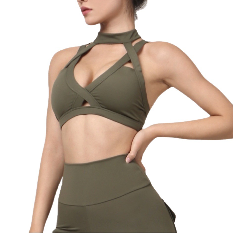 Cross-border Sports Fitness Underwear Women's Hanging Neck Buckle Sexy Shockproof Push-up Stereotype Professional Running Yoga Bra