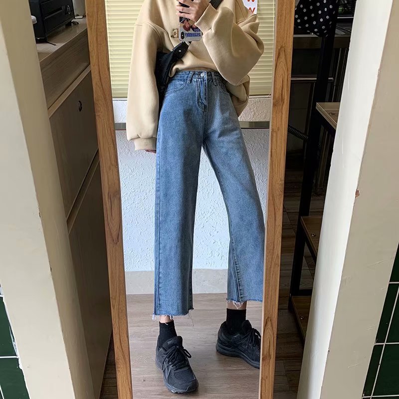 Picture of Spring and Autumn High-Waisted Wide-Leg Jeans for Fat Girls, Large Size, Loose and Slim, Nine-Point Raw Edge Straight Retro Style