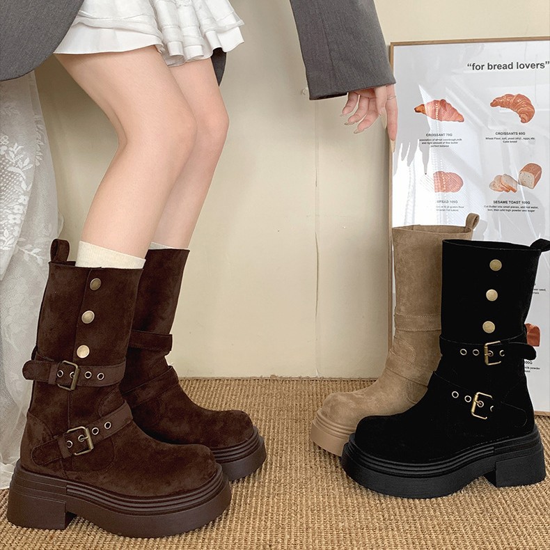 Vintage British Style Martin Boots 2024 New Spring and Autumn Brown Slimming Heightened Thick Heel Thick Bottom Short Boots for Women