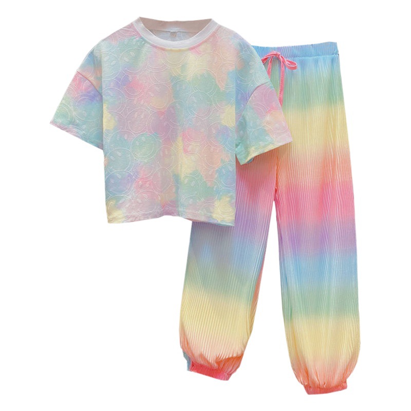 Girls' Rainbow Pants Children's Wear 2023 TikTok New Summer Wear Thin Loose All-match Two-piece Fashionable Set for Big Kids and Girls