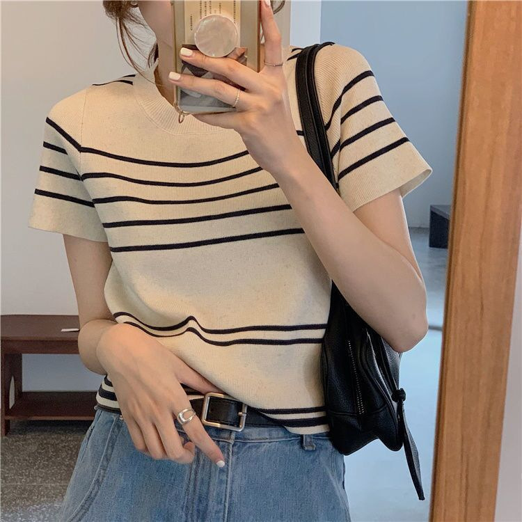 2023 Summer New Short Sleeve Round Neck Striped Sweater Korean Student Slimming Pullover Casual Top T-shirt Women