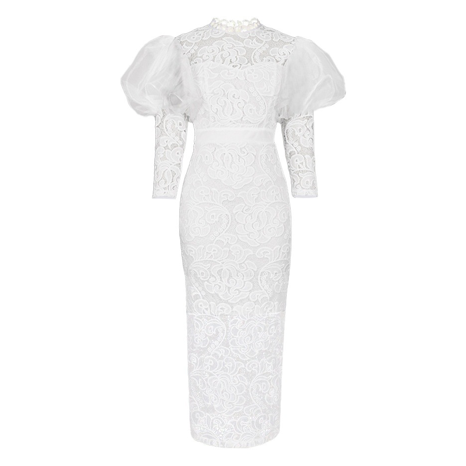 High-end white European and American dress dress lace perspective puff sleeve slim party dress elegant exquisite women dress